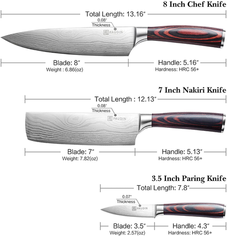 Image of PAUDIN Kitchen Knife Set, Professional Chef Knife Set with Ultra Sharp Blade & Wooden Handle, 3 Pieces German High Carbon Stainless Steel Knife Set