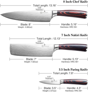 PAUDIN Kitchen Knife Set, Professional Chef Knife Set with Ultra Sharp Blade & Wooden Handle, 3 Pieces German High Carbon Stainless Steel Knife Set