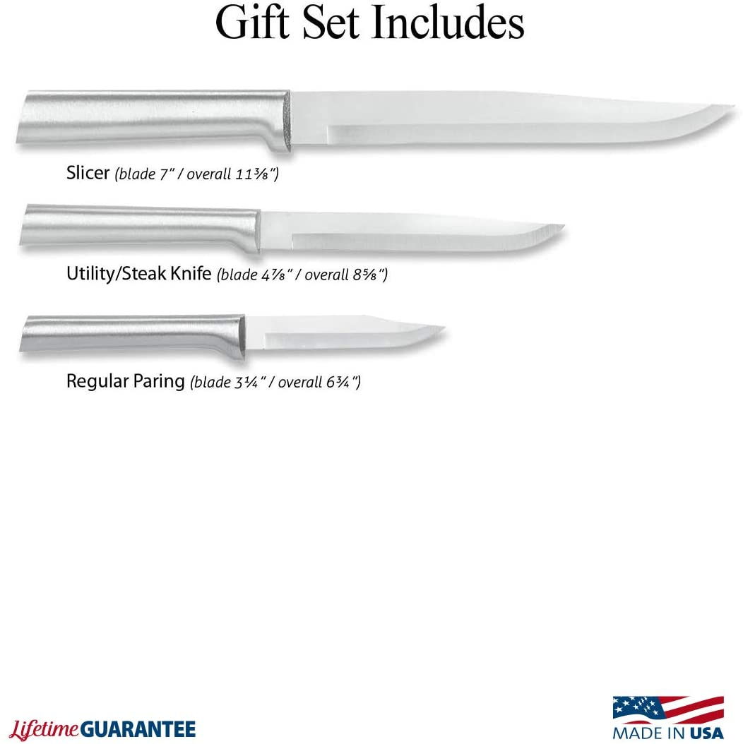 Rada Cutlery Housewarming Knife Gift Set – 3 Piece Stainless Steel Knives with Brushed Aluminum Handles Made in the USA