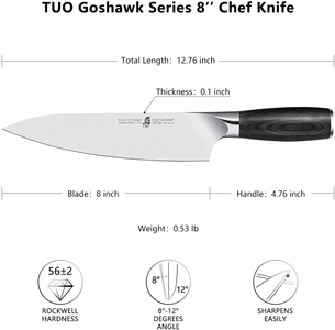 TUO Kitchen Knife 8 Inch, Pro Chef Knife Cutting Knife Cooking Knife, High Carbon German Stainless Steel, Ergonomic Pakkawood Handle, Full Tang with Gift Box, Goshawk Series