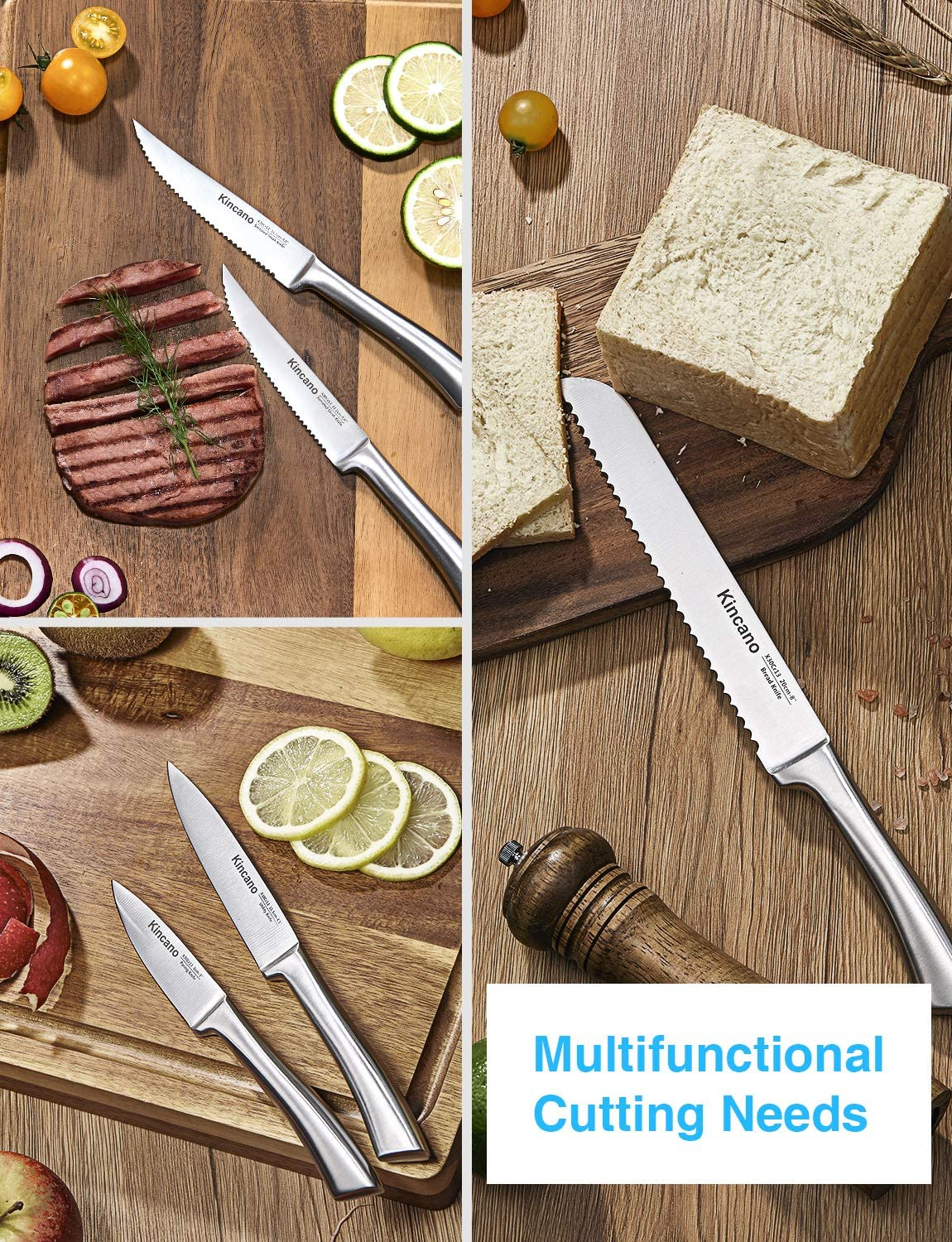 Knife Set, 14 PCS High Carbon Stainless Steel Kitchen Knife Set for Chef, Super Sharp Knife Set with Acrylic Stand, Include Steak Knives, Sharpener and Scissors, Ergonomical Design by Kincano