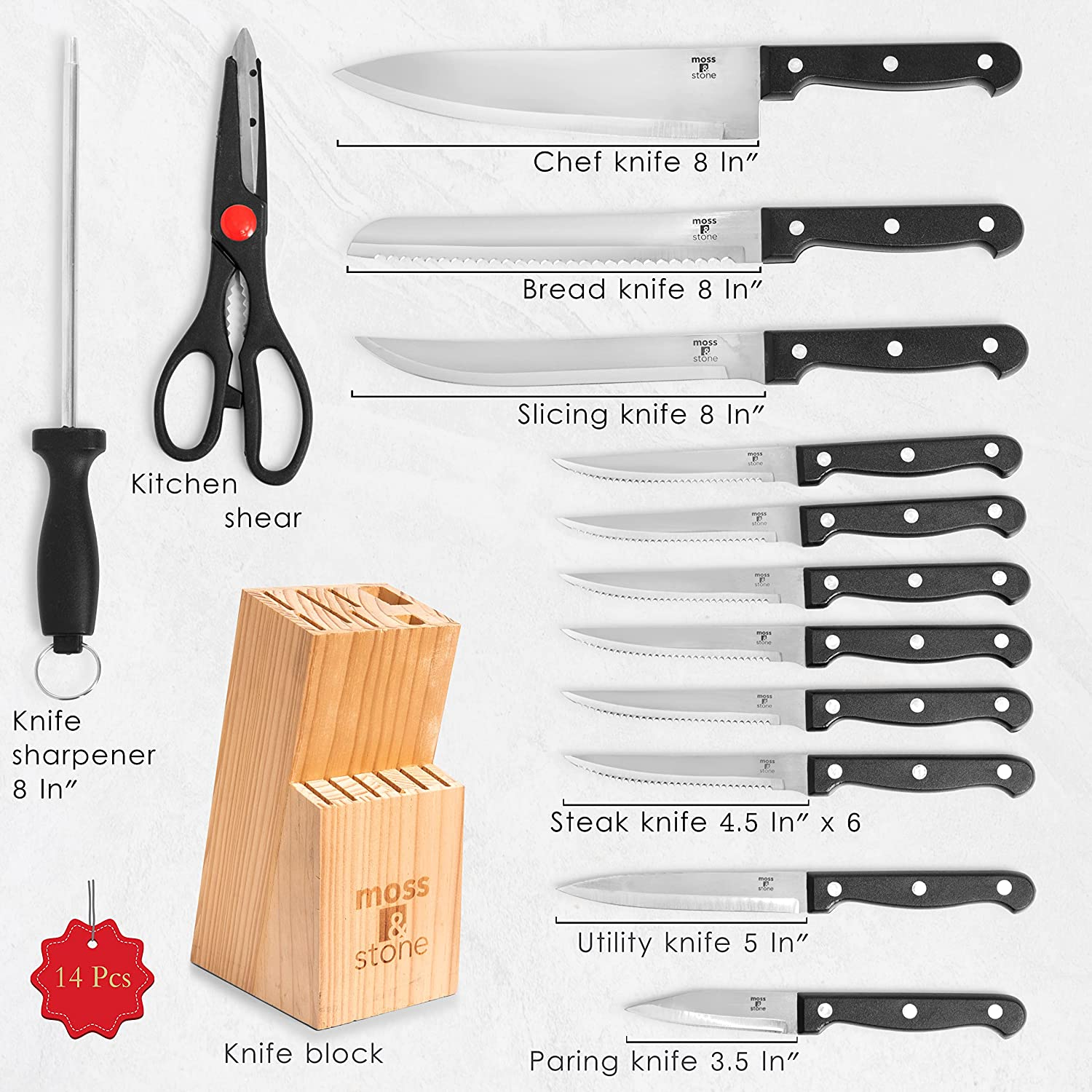 Stainless Steel Serrated Knife Set | Kitchen Knives Set with High-Carbon Stainless Steel Blades and Wooden Block Set | Cutlery Knife Set , Kitchen Set by Moss & Stone. (14 Piece)