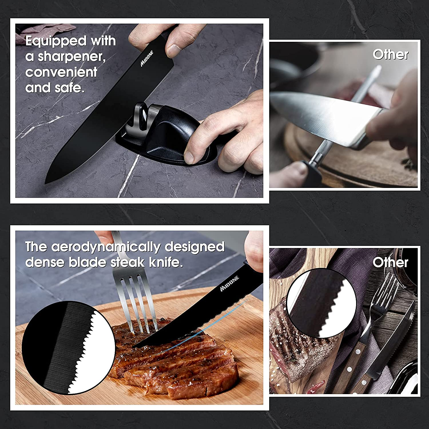 MIDONE Knife Set, 17 Pcs German High Carbon Stainless Steel Kitchen Knife Set - 7 Knives, 6 Serrated Steak Knives, Scissors, Peeler & Sharpener with Acrylic Stand, Black…