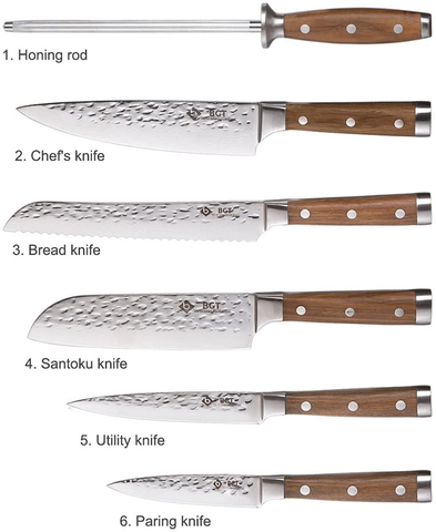 Image of BGT Japanese 67 Layer High Grade VG-10 Super Damascus Steel Knives, Sharp, Teak Handle Professional Hammered Kitchen Knife Set with Knife Roll Bag 6Pcs Set (Silver Blade)