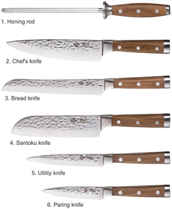 BGT Japanese 67 Layer High Grade VG-10 Super Damascus Steel Knives, Sharp, Teak Handle Professional Hammered Kitchen Knife Set with Knife Roll Bag 6Pcs Set (Silver Blade)