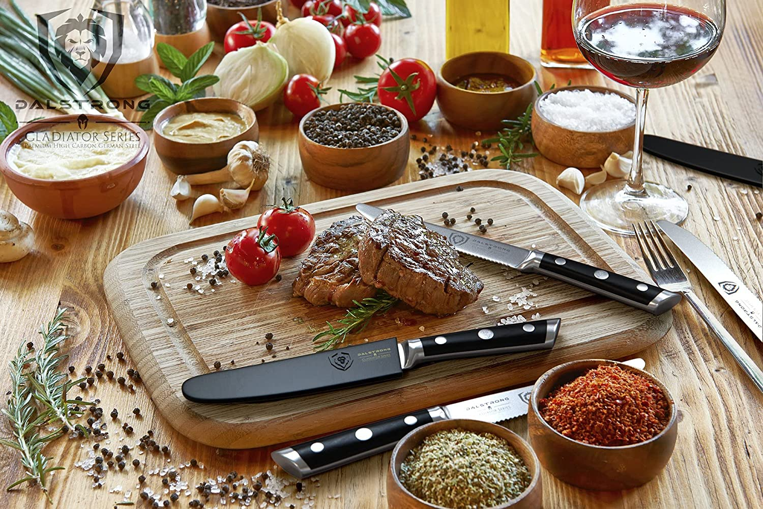 DALSTRONG Steak Knives - Set of 4 - Serrated Blade - Gladiator Series - Forged German High-Carbon Steel - W/Sheaths