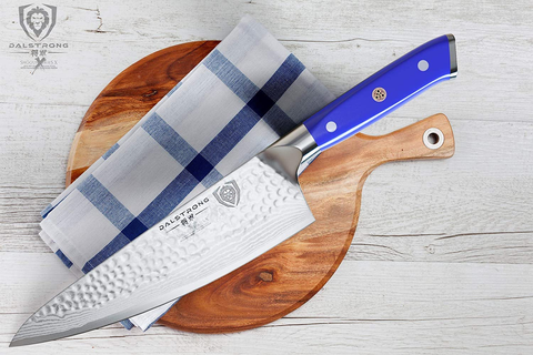 Image of DALSTRONG Chef Knife - 8 Inch - Shogun Series - Damascus - Japanese AUS-10V Super Steel Kitchen Knife - Blue Handle - Razor Sharp Knife - W/Sheath
