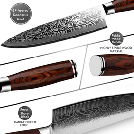 LEVINCHY Damascus Chef'S Knife 8 Inch Professional Handmade Damascus Stainless Steel Kitchen Knife, Superb Edge Retention, Stain & Corrosion Resistant, Ergonomic PAKKA Wood Handle