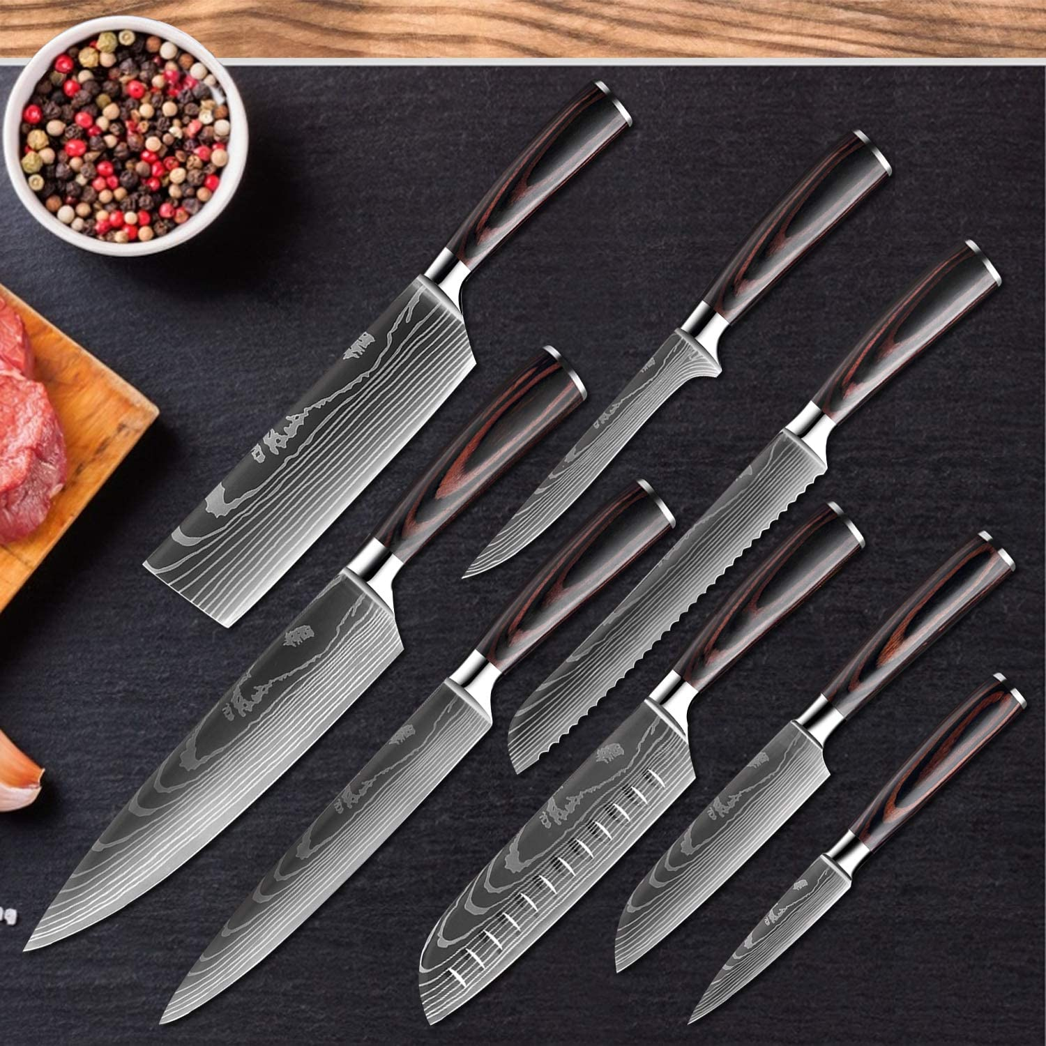 KEPEAK Kitchen Knife Sets 8 Piece, 3.5-8 Inch Chef Knives High Carbon Stainless Steel, Pakkawood Handle, Ultra Sharp Cooking Knife for Vegetable Meat Fruit