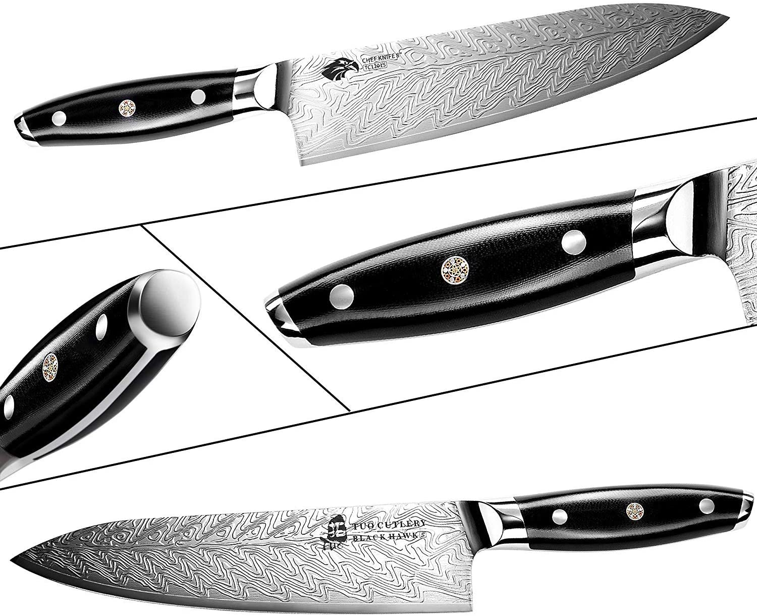 TUO Chef Knife - Kitchen Knives 8-Inch High Carbon Stainless Steel - Pro Chef S Vegetable Meat Knife with G10 Full Tang Handle - Black Hawk-S Series Knives Including Gift Box