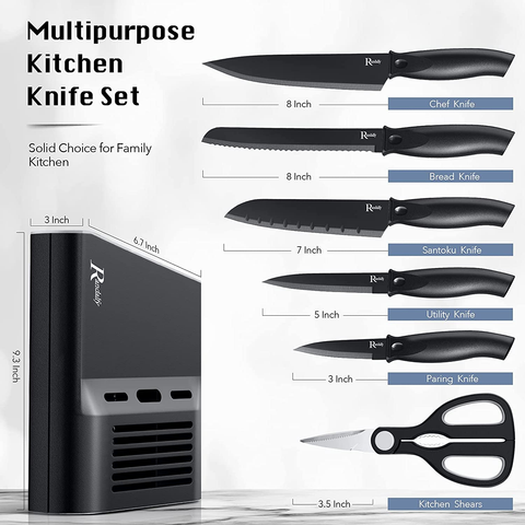 Image of Randalfy Kitchen Knife Set with Block, 7 Pieces Chef Knife Set with Knives, Scissor, Block for Meat/Vegetables/Fruits Chopping, Slicing, Dicing&Cutting
