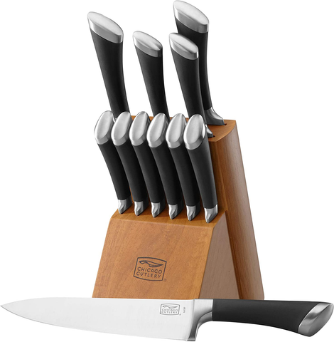 Image of Chicago Cutlery Fusion 12 Piece Forged Premium Knife Block Set with Wooden Storage Block | Cushion-Grip Handles with Stainless Steel Blades | Kitchen Knife Set