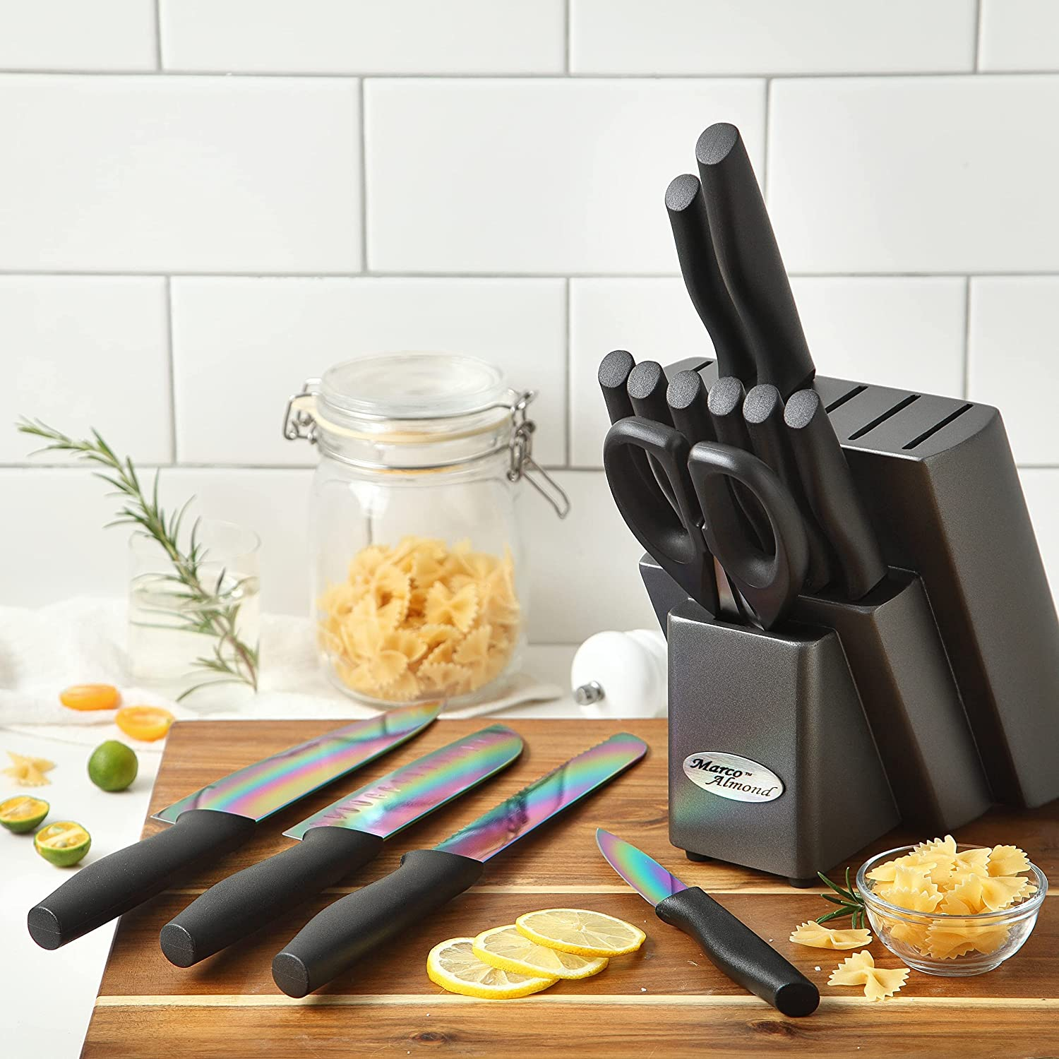 DISHWASHER SAFE KYA25 Rainbow Titanium Cutlery Knife Set, Marco Almond 14-Piece Kitchen Knives Block Sets, Black