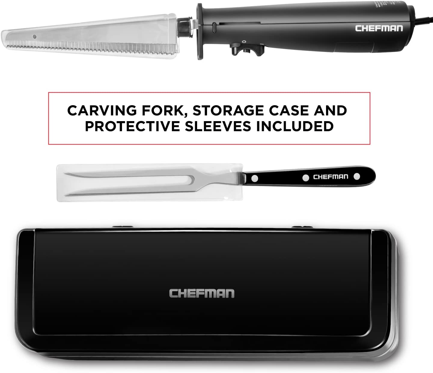 Chefman Electric Knife with Bonus Carving Fork & Space Saving Storage Case Included One Touch, Durable 8 Inch Stainless Steel Blades, Rubberized Black Handle, BPA Free, 120 Volts and Watts