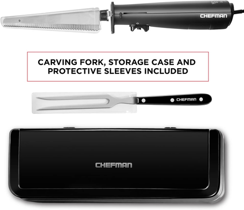 Image of Chefman Electric Knife with Bonus Carving Fork & Space Saving Storage Case Included One Touch, Durable 8 Inch Stainless Steel Blades, Rubberized Black Handle, BPA Free, 120 Volts and Watts