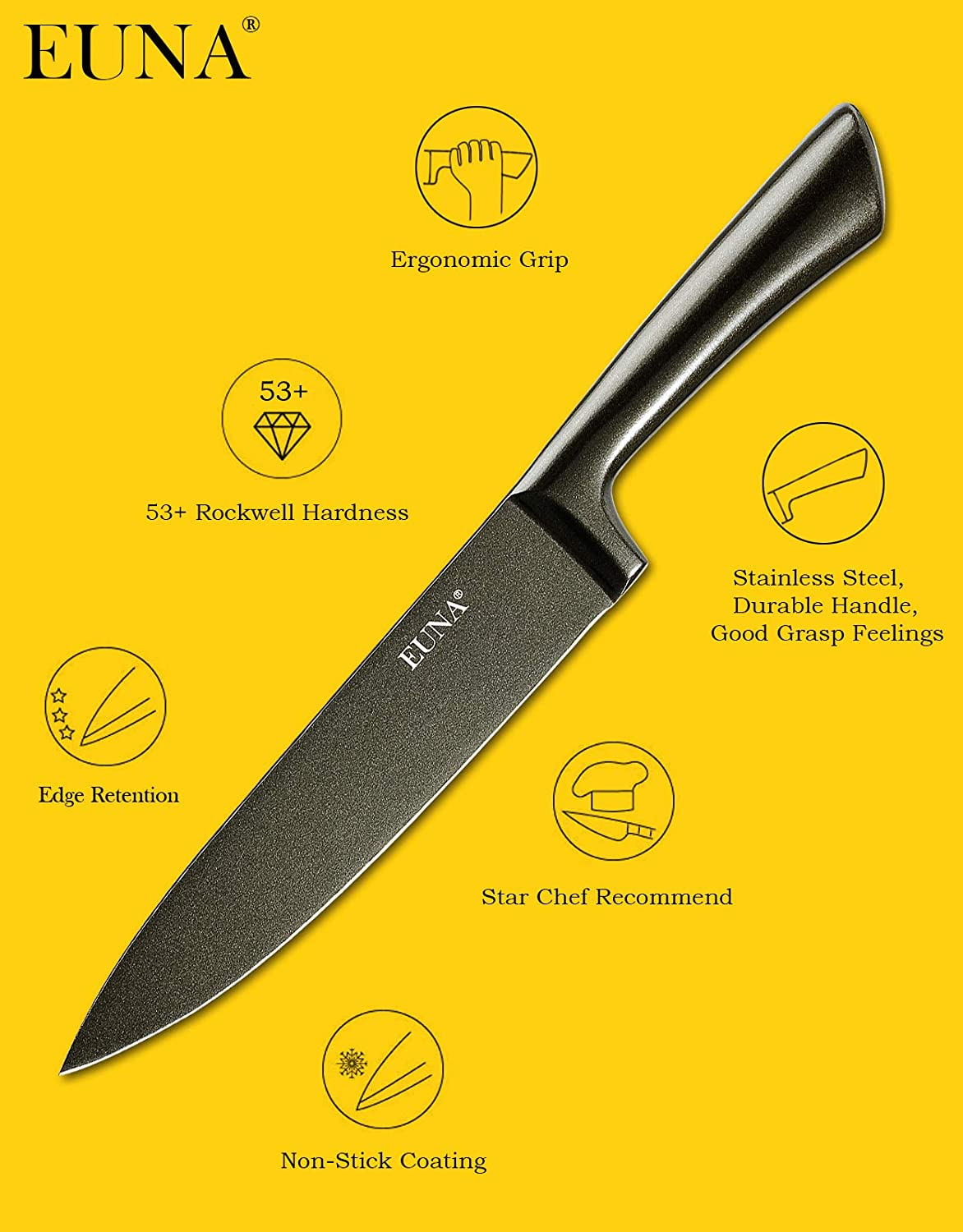 EUNA 5 PCS Kitchen Knife Boxed Set Ultra Sharp Japanese Knives with Sheaths and Gift Box Chefs Knives Set for Professional Multipurpose Cooking with PP Ergonomic Handle (Black-Brown)