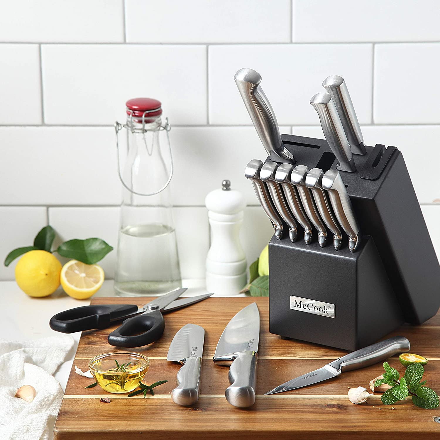 Mccook MC21 Knife Sets,15 Pieces German Stainless Steel Knife Block Sets with Built-In Sharpener