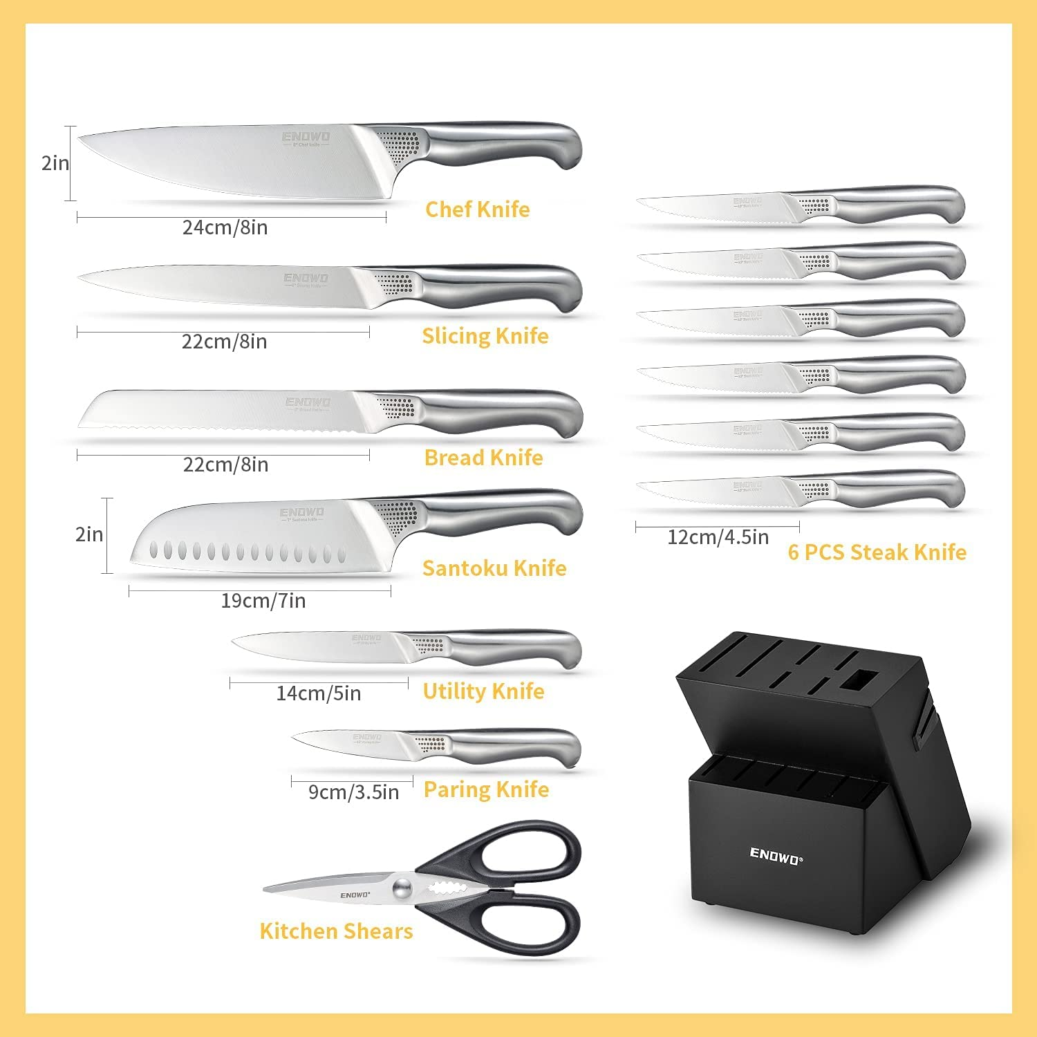 Enowo14 PCS Chef Knife Set with Wooden Block Built-In Knife Sharpeners,German Stainless Steel Kitchen Knife Set with Exclusive Bolster Design Polka Dot Pattern,Hollow Handle,Kitchen Scissors