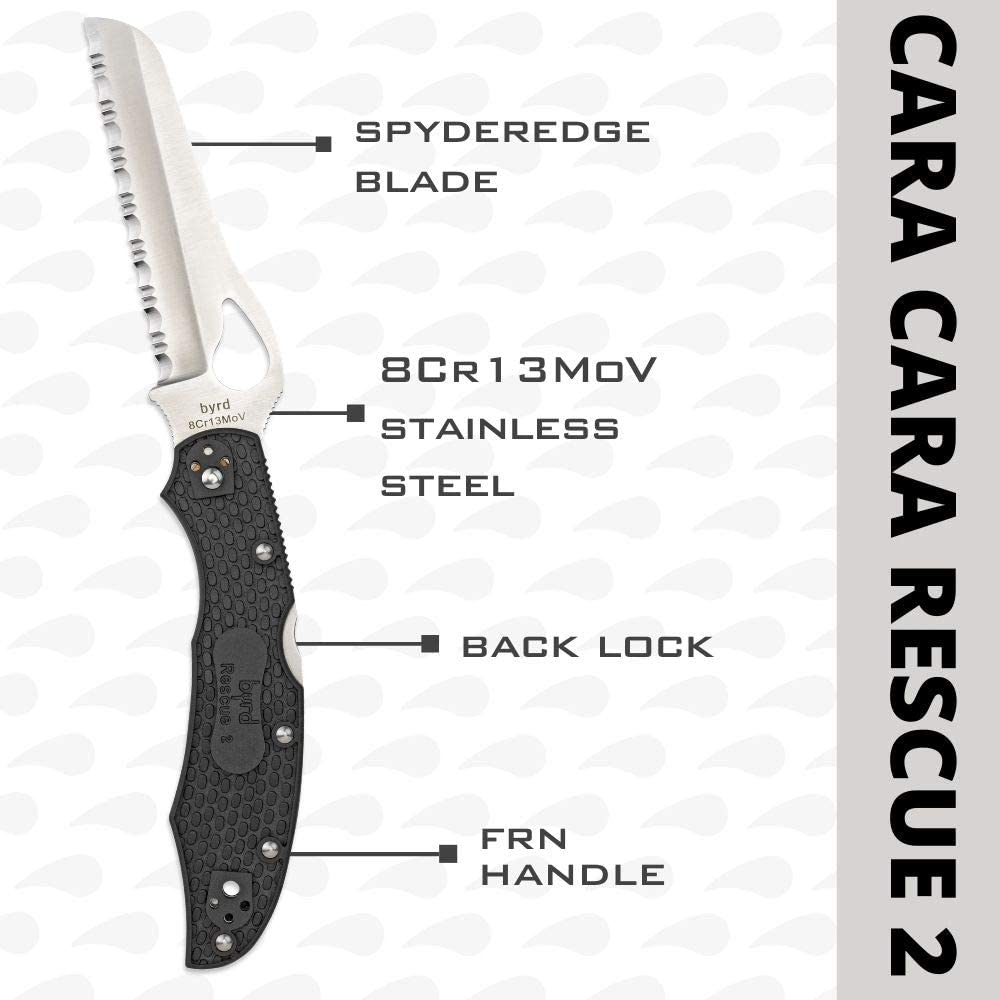 Byrd by Spyderco Cara Cara 2 Rescue Lightweight Knife with 3.88" Stainless Steel Sheepfoot Blade and High Performance Black FRN Handle - Spyderedge - BY17SBK2