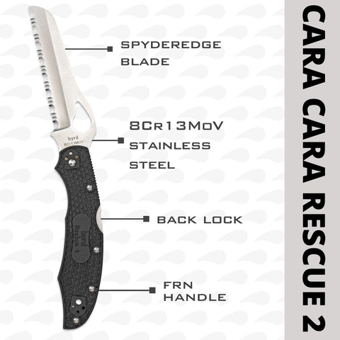 Image of Byrd by Spyderco Cara Cara 2 Rescue Lightweight Knife with 3.88" Stainless Steel Sheepfoot Blade and High Performance Black FRN Handle - Spyderedge - BY17SBK2