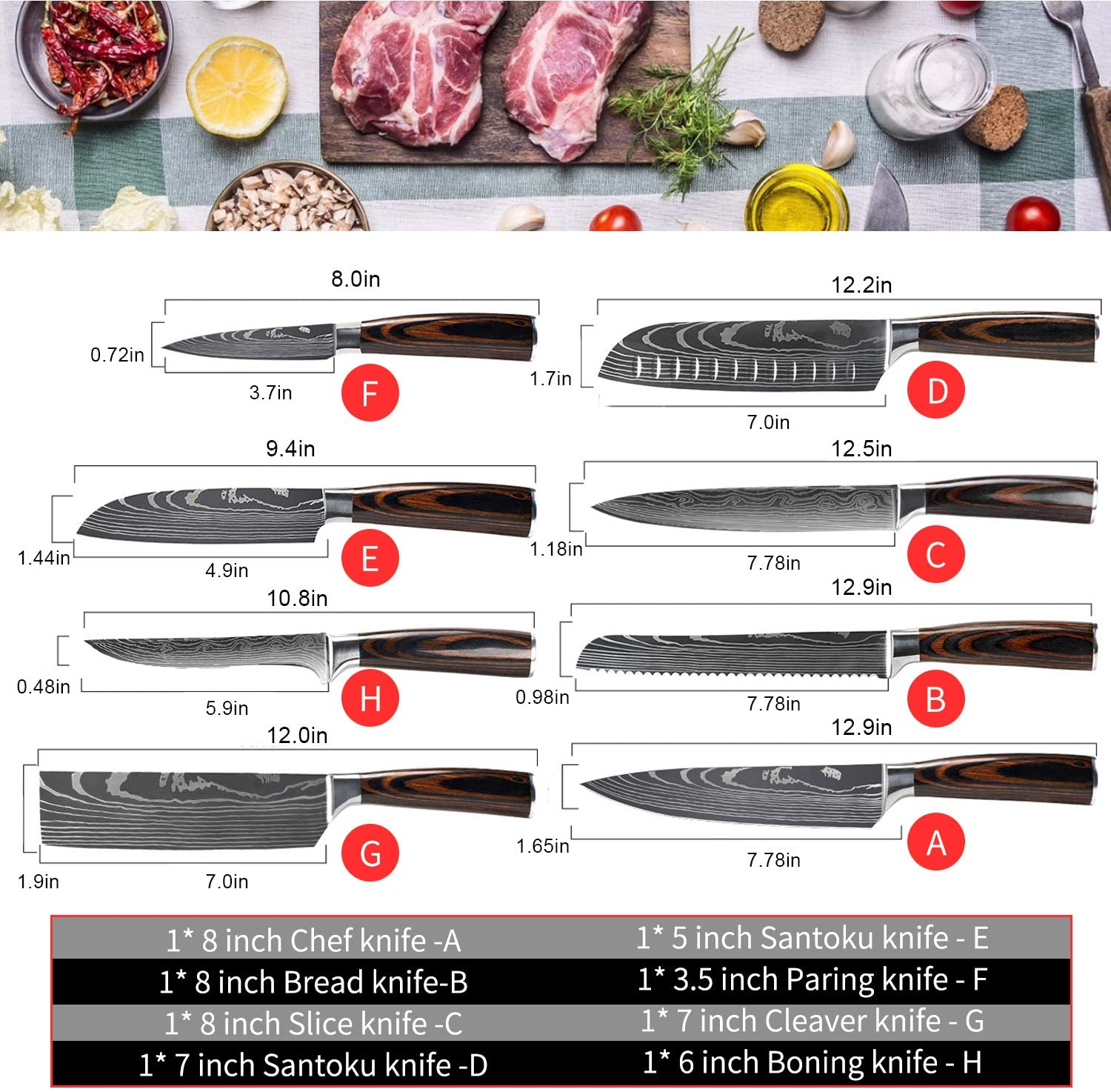 MDHAND Professional Kitchen Chef Knife Set, High-Carbon Stainless Steel Chef Knife Set with Cover, 8 Piece Knifes Set