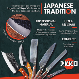 JIKKO New 67 Layers Carbon Steel Japanese Knife Set - Original Series - Kitchen Knife Set with Walnut and Mahogany Wood Handles - 6 Japanese Chef'S Knives with Exceptional Sharpness - HRC60 Approved