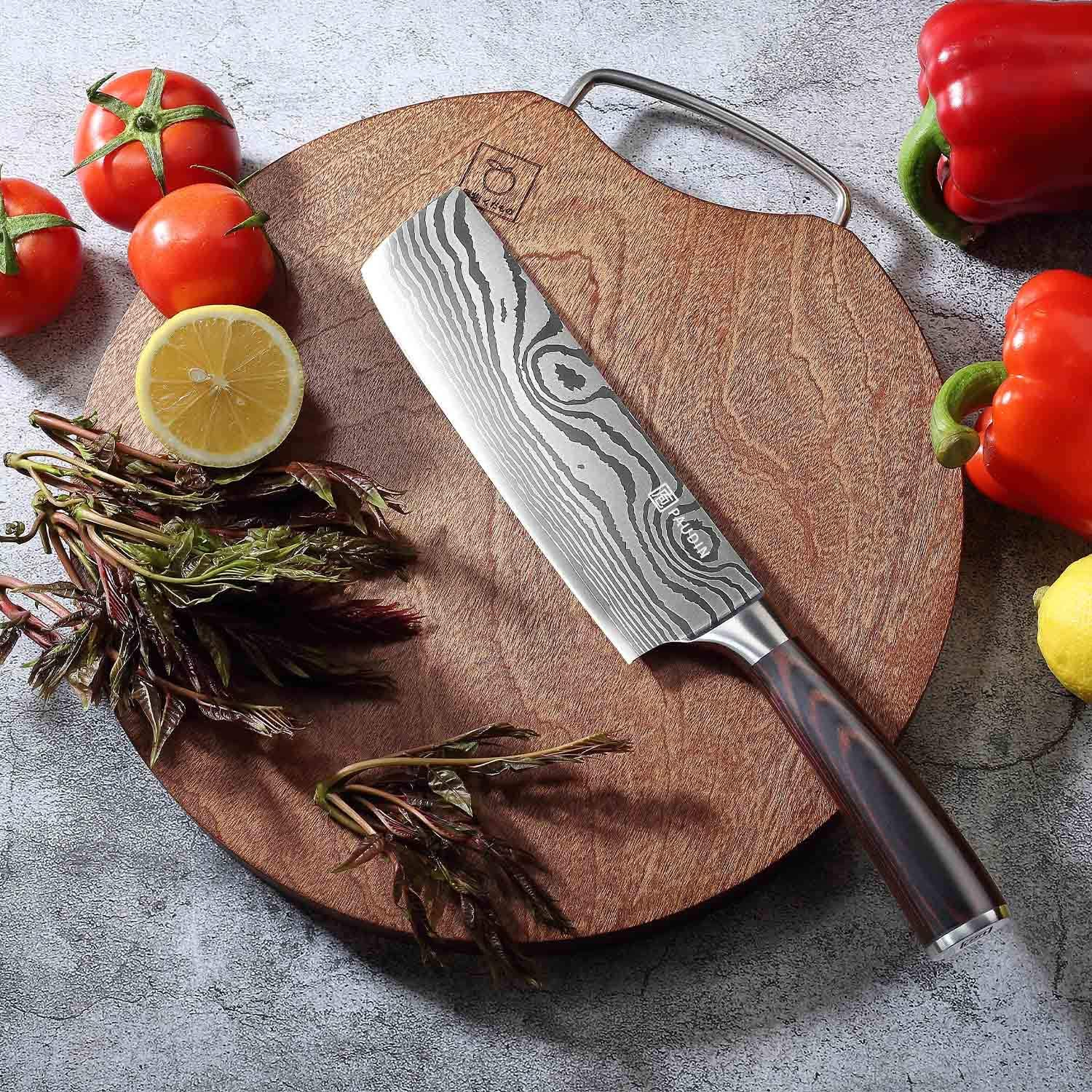 Nakiri Knife - PAUDIN Razor Sharp Meat Cleaver 7 Inch High Carbon German Stainless Steel Vegetable Kitchen Knife, Multipurpose Asian Chef Knife for Home and Kitchen with Ergonomic Handle