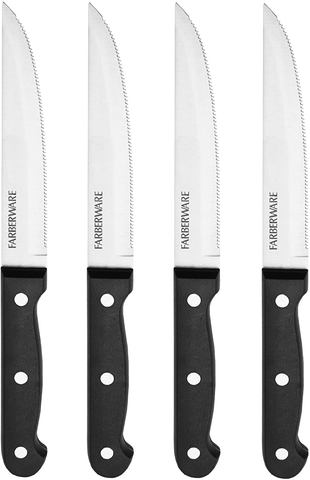 Image of Farberware 4-Piece Full-Tang Triple Rivet 'Never Needs Sharpening' Stainless Steel Steak Knife Set, Black