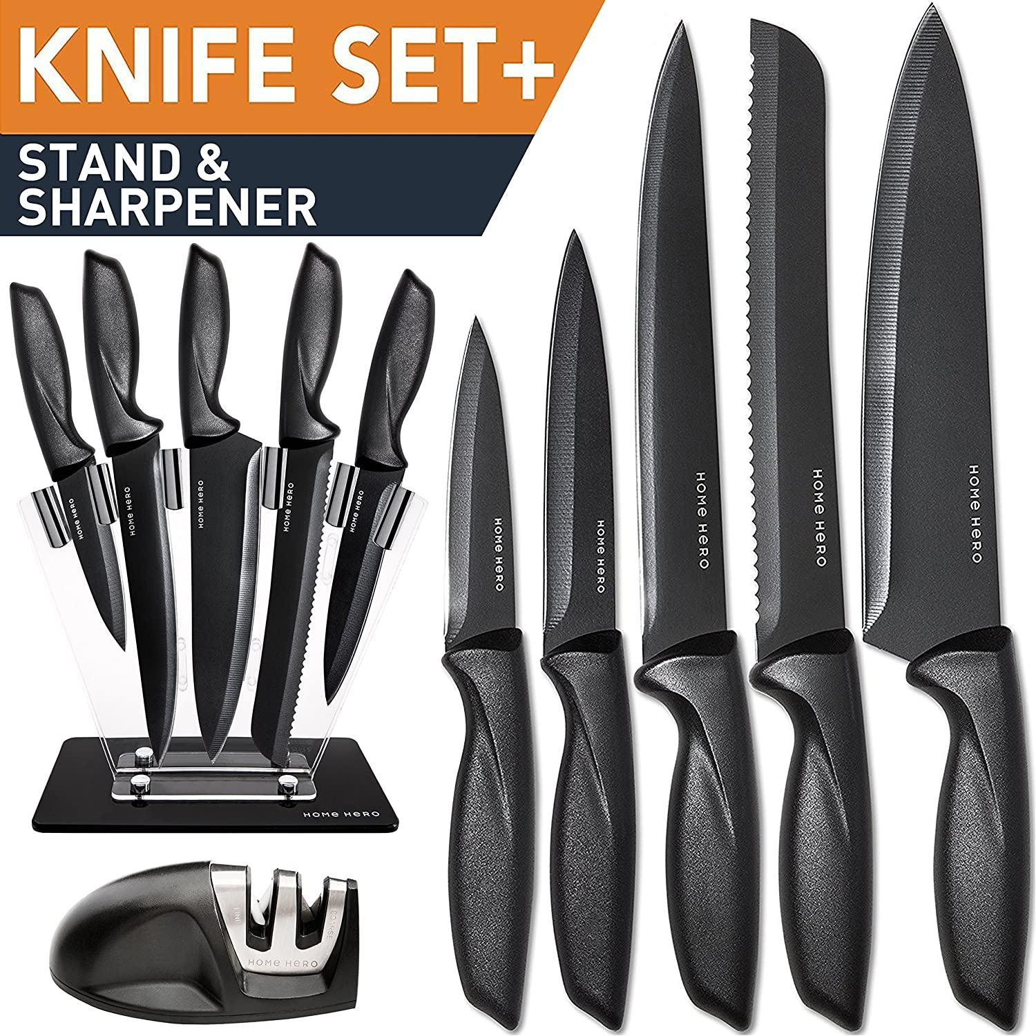 Home Hero 7 Pcs Kitchen Knife Set - Block Knife Set - 5 Black Stainless Steel Knives & Knife Sharpener with Acrylic Stand (Black, Stainless Steel)