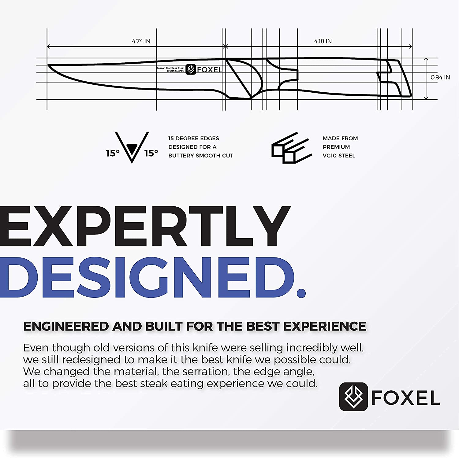 Foxel Best Steak Knives Knife Set of 4, 8, or 12 - Non Serrated Straight Edge Blade Razor Sharp - Rust Resistant Japanese VG10 Steel - Gift Box Set - Hand Wash Only