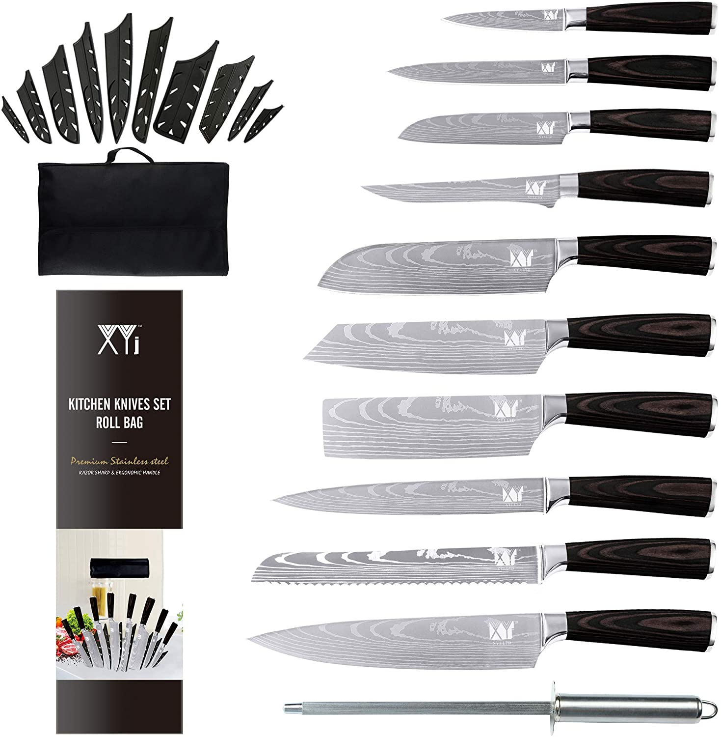 XYJ Stainless Steel Kitchen Knives Set 10 Piece Chef Knife Set with Knife Sharpening Rod Carry Case Bag & Sheath Well Balance Ergonomic Handle