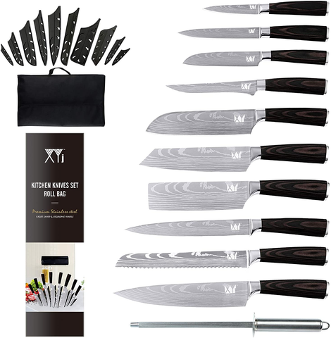 Image of XYJ Stainless Steel Kitchen Knives Set 10 Piece Chef Knife Set with Knife Sharpening Rod Carry Case Bag & Sheath Well Balance Ergonomic Handle