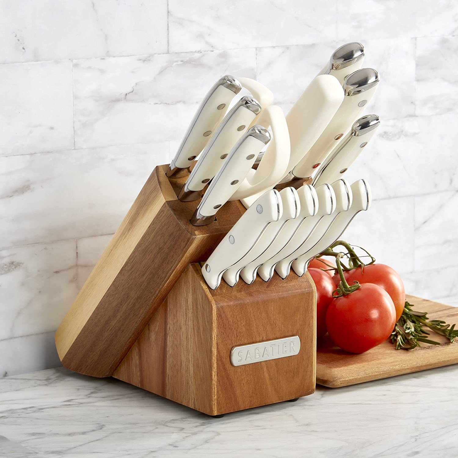 Sabatier Forged Triple Rivet Knife Block Set, 15-Piece, White