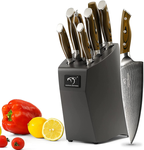Image of Kitchen Damascus Knife Set, 9-Piece Kitchen Knife Set with Block, Non-Slip G10 Ergonomic Triple Rivet Handle for Chef Knives, Knife Sharpener and Kitchen Shears, Natural Wood Block (Black)
