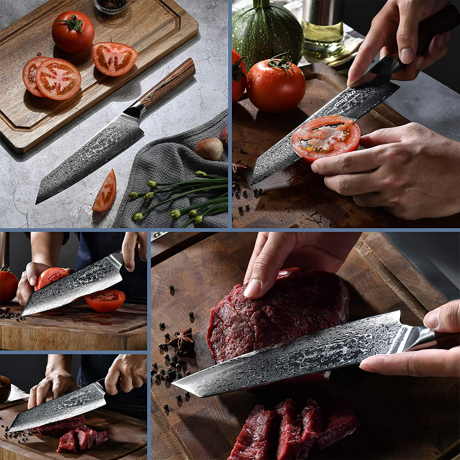 Aisyoko Chef Knife 8 Inch Damascus Japan VG-10 Super Stainless Steel Professional High Carbon Super Sharp Kitchen Cooking Knife, Ergonomic Color Wooden Handle Luxury Gift Box