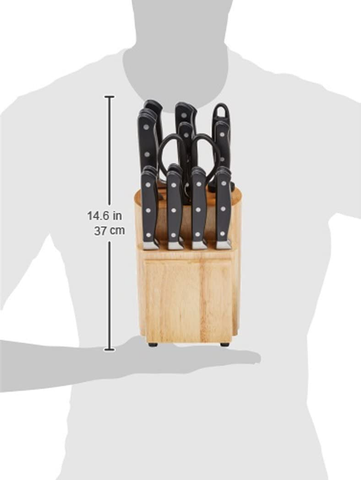 Image of Amazon Basics 18-Piece Premium Kitchen Knife Block Set, High-Carbon Stainless Steel Blades with Pine Wood Knife Block