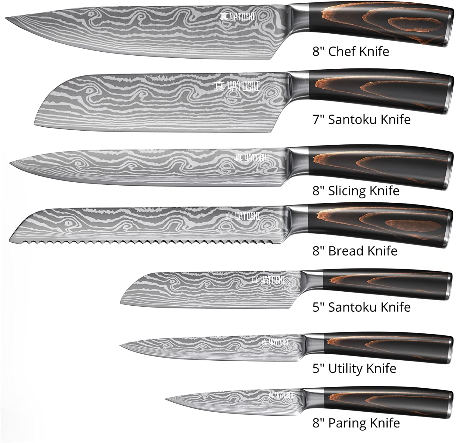 Yatoshi 7 Knife Set - Pro Kitchen Knife Set Ultra Sharp High Carbon Stainless Steel with Ergonomic Handle