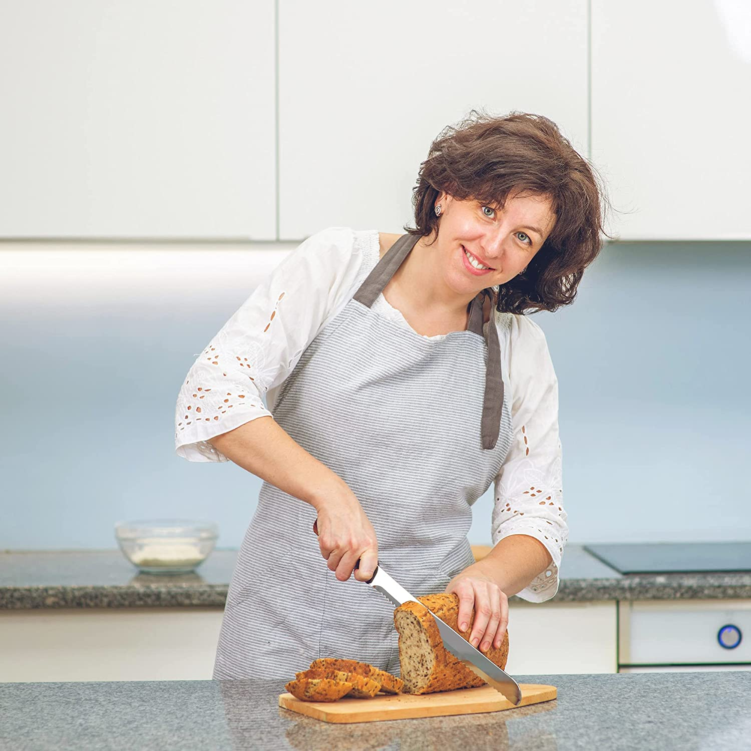 Serrated Bread Knife for Homemade Bread. Long 10.5 Inch Ultra Sharp Blade for Effortless Cuts of Thick Loaves. Professional Bread Cutter for Crusty Sourdough Bread. Works Well with Bread Slicer Guides