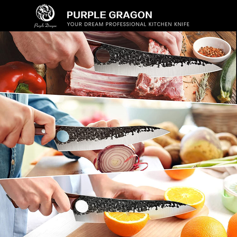 Image of PURPLE DRAGON Hand Forged Kitchen Knife 8 Inch Meat Butcher Full Tang Chef Knives High Carbon Steel Sharp Meat Cleaver Boning Knife with Gift Box for Slicing Fish Cutting Meat BBQ