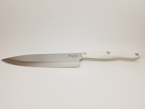 Image of Model 1728 CUTCO White (Pearl) Petite Chef Knife in Factory-Sealed Plastic Bag. 7.75” High Carbon Stainless Blade and 5.5” Handle.