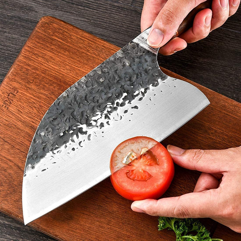 Image of Handmade Forged Serbian Meat Cleaver Knife with Sheath Chef'S Knvies Full Tang Butcher Knife Outdoor Meat Vegetable Cleaver for Family, BBQ or Camping (Silver)