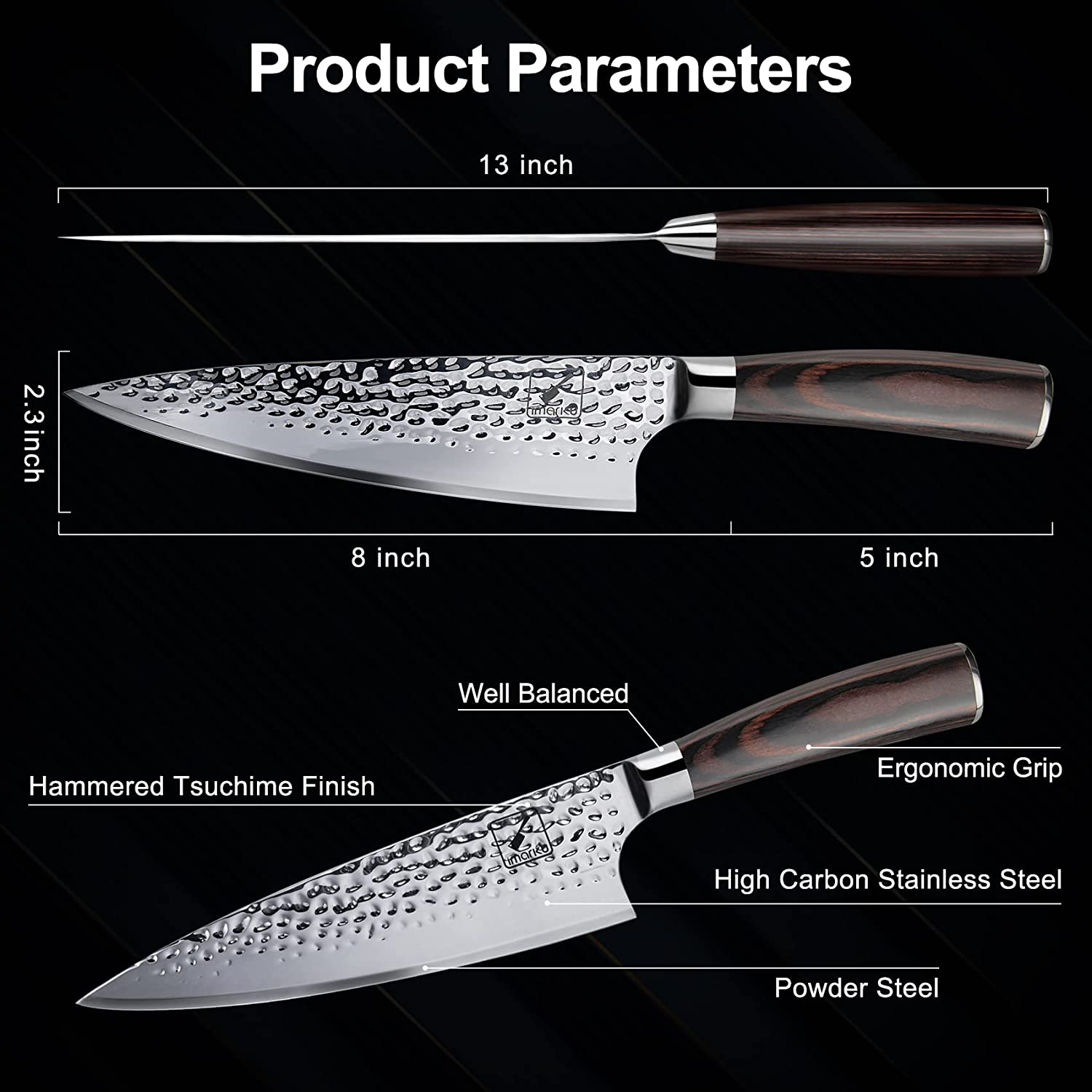 Chef Knife, Imarku 8 Inch Kitchen Knife Premium Sharp Cooking Knife HC German Stainless Steel Japanese Knife for Home Kitchen and Restaurant, Hand-Hammered, Ergonomic Handle, Gift Box