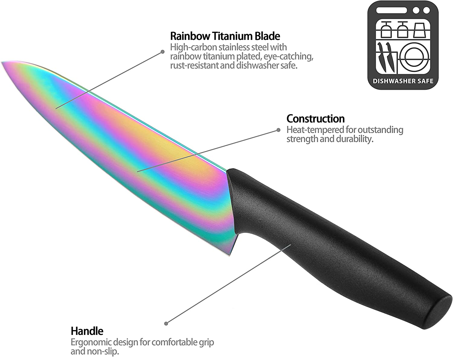 DISHWASHER SAFE KYA25 Rainbow Titanium Cutlery Knife Set, Marco Almond 14-Piece Kitchen Knives Block Sets, Black