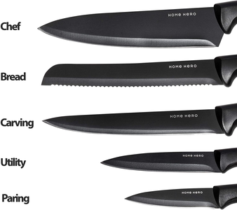 Home Hero 7 Pcs Kitchen Knife Set - Block Knife Set - 5 Black Stainless Steel Knives & Knife Sharpener with Acrylic Stand (Black, Stainless Steel)