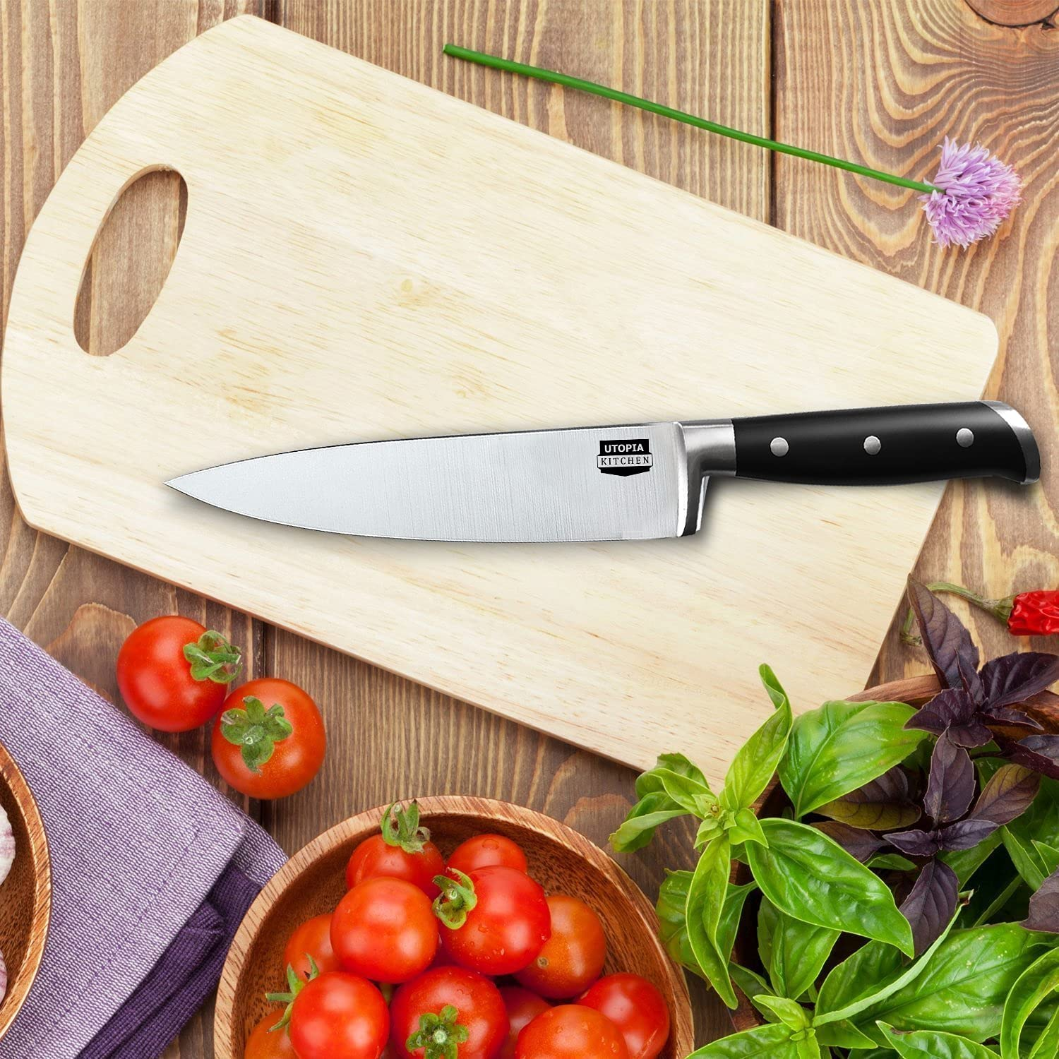 Utopia Kitchen Chef Knife Cooking Knife Carbon Stainless Steel Kitchen Knife with Sheath and Ergonomic Handle - Chopping Knife for Professional Use (8 Inch)