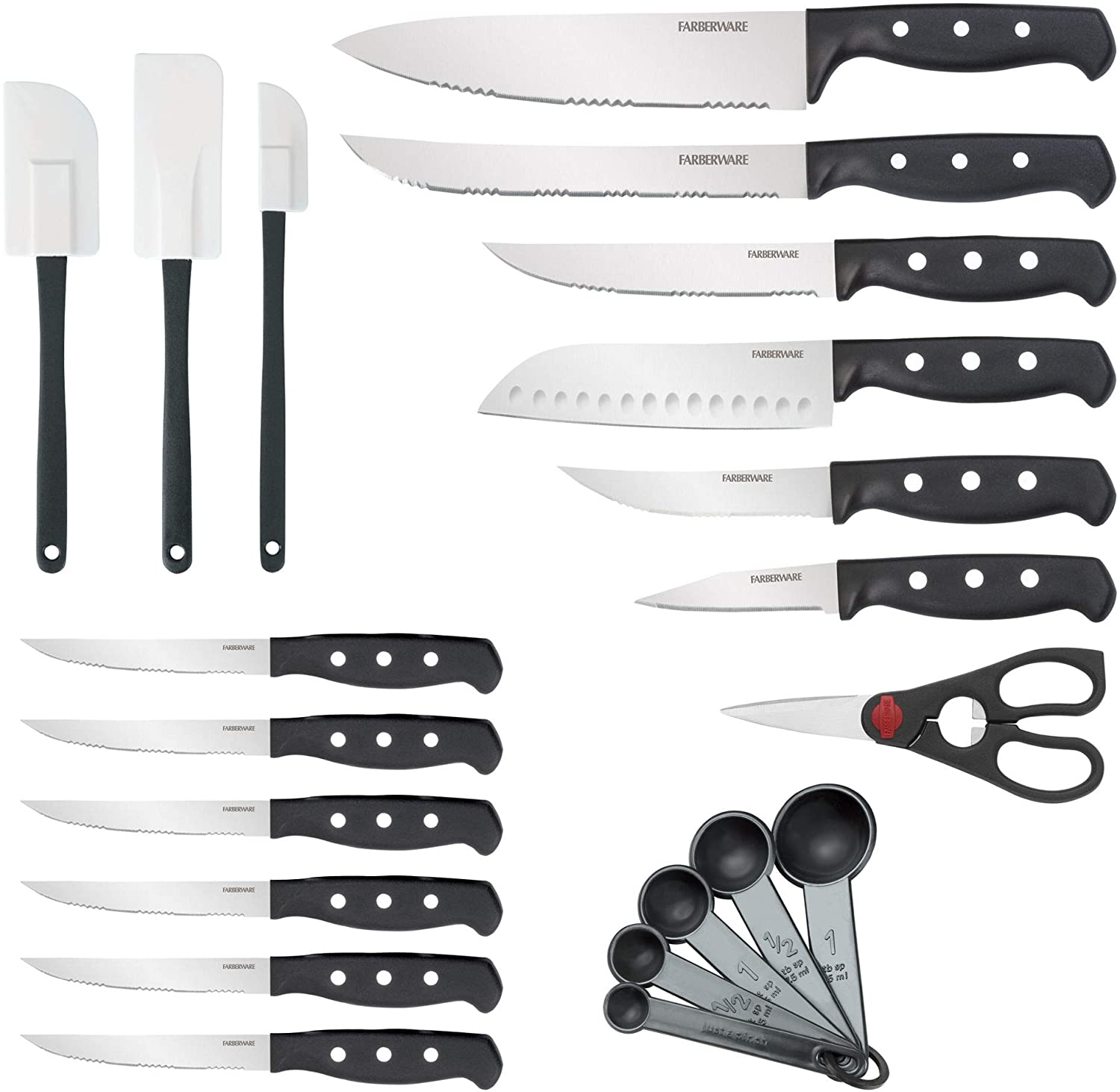 Farberware 22-Piece Never Needs Sharpening Triple Rivet High-Carbon Stainless Steel Knife Block and Kitchen Tool Set, Black