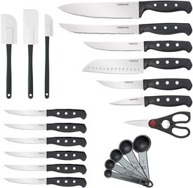 Farberware 22-Piece Never Needs Sharpening Triple Rivet High-Carbon Stainless Steel Knife Block and Kitchen Tool Set, Black