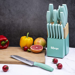 Knife Set, 15-Piece Kitchen Knifes with Wooden Block, Professional Chef Knife Sets with Sharpener Scissors, Stainless Steel Sharp Knives for Home, Green Wheat Straw Handle, Light