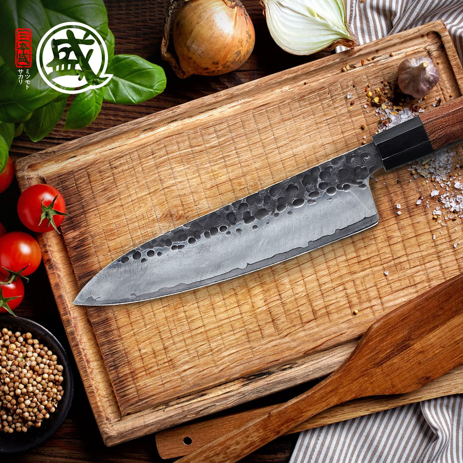 MITSUMOTO SAKARI 8 Inch Japanese Gyuto Chef Knife, Professional Hand Forged Kitchen Chef Knife, 3 Layers 9CR18MOV High Carbon Meat Sushi Knife (Rosewood Handle & Gift Box)