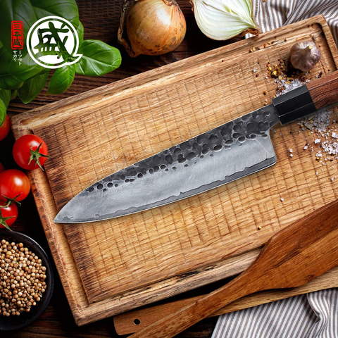 Image of MITSUMOTO SAKARI 8 Inch Japanese Gyuto Chef Knife, Professional Hand Forged Kitchen Chef Knife, 3 Layers 9CR18MOV High Carbon Meat Sushi Knife (Rosewood Handle & Gift Box)